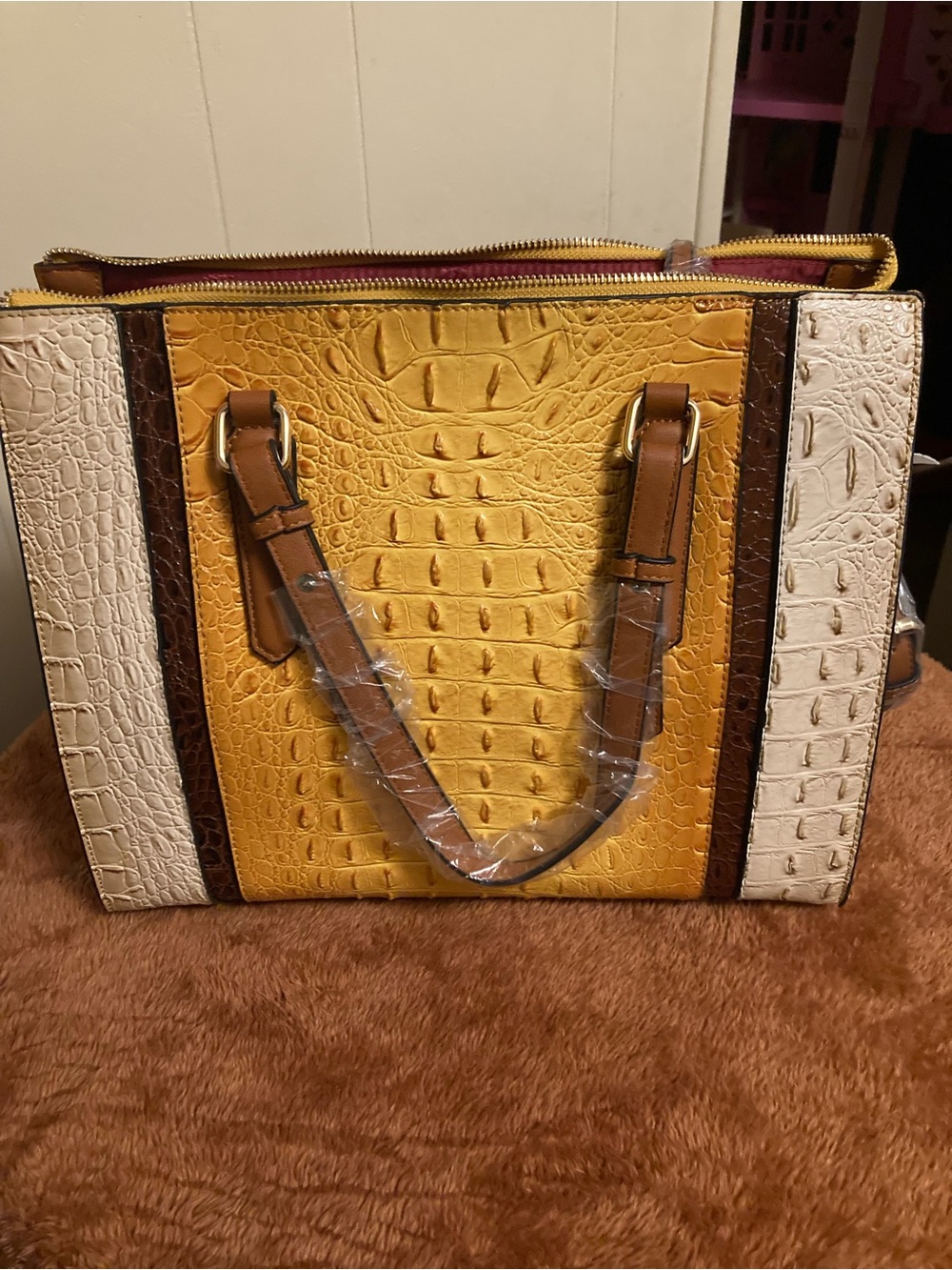 Textured Croc-Embossed Tote Bag in Mustard Yellow and Cream